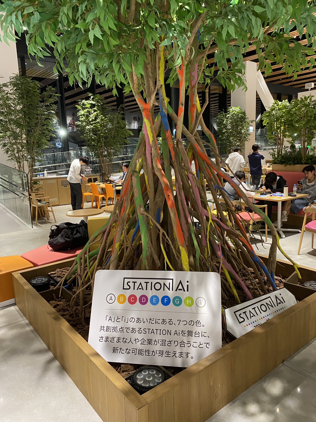 7色に塗られた樹木のアート